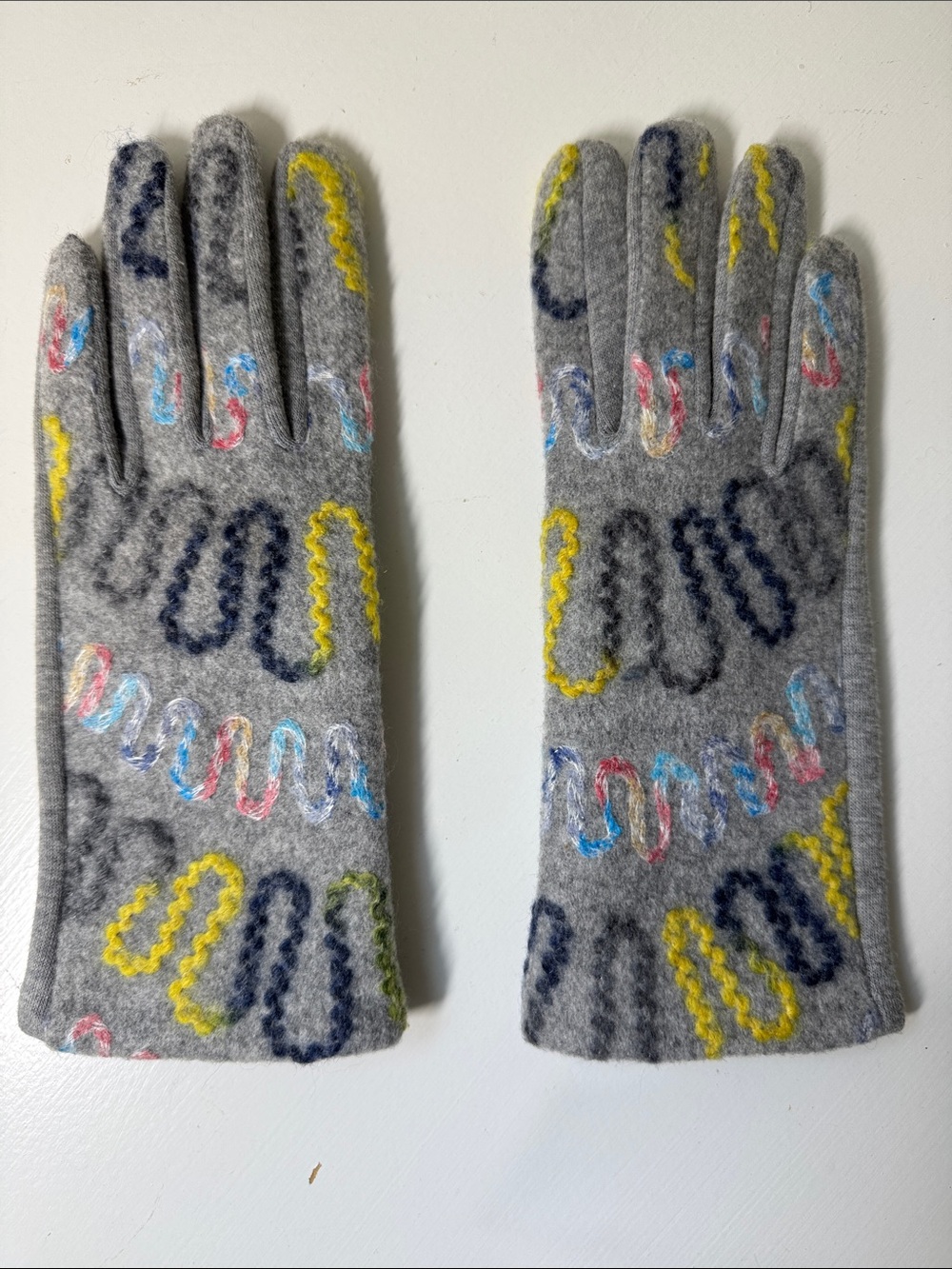 Unbranded gray poly/cotton fleece-lined gloves with colorful accents.